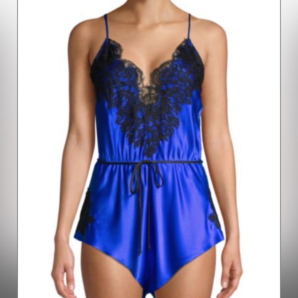 100% real SILK blue night romper blue with lace